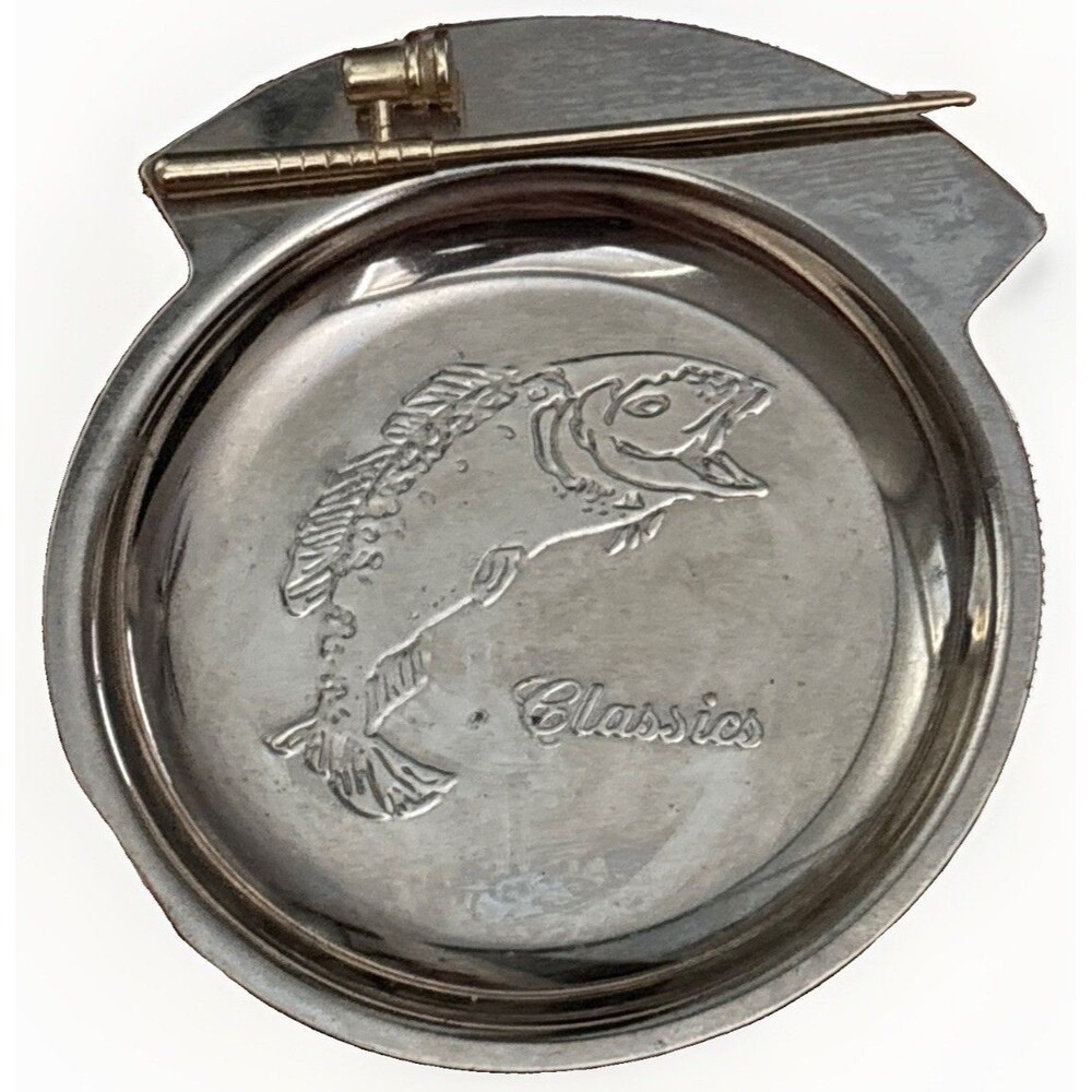 Vintage Stainless Steel Trinket Dish With Gold Tone Fishing Rod And Fish Design